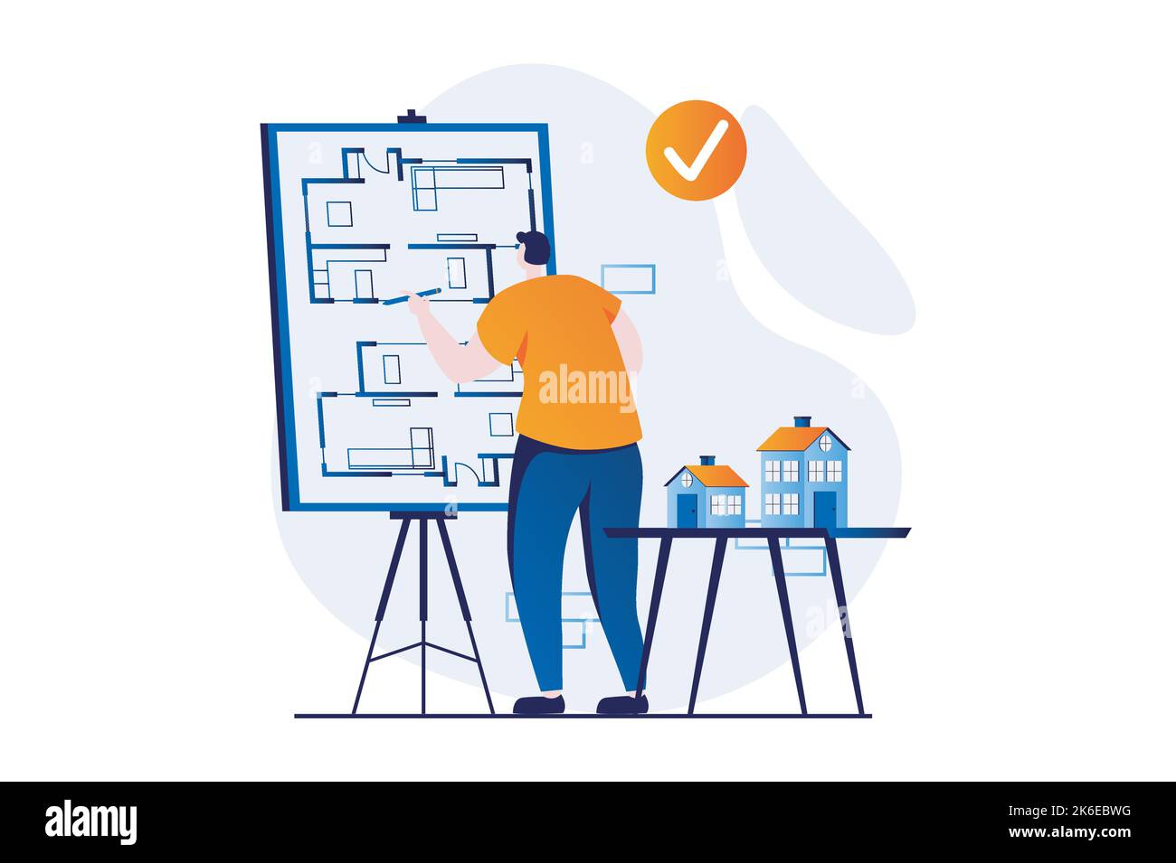 Real estate concept with people scene in flat cartoon design. Architect