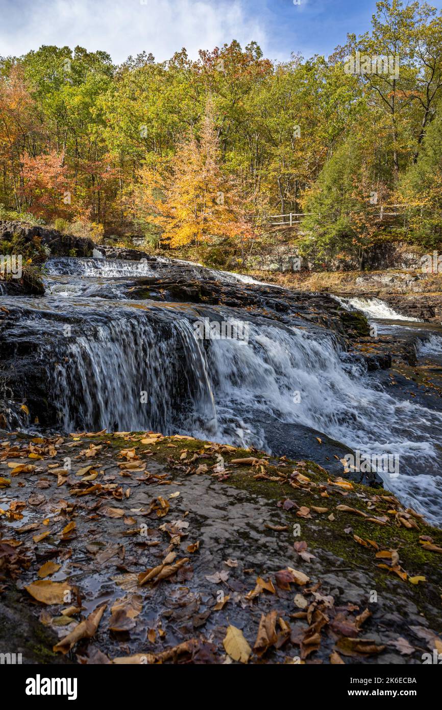 Shohola Falls in the Poconos, PA, looks amazing with beautiful fall foliage and lots of graceful cascades Stock Photo