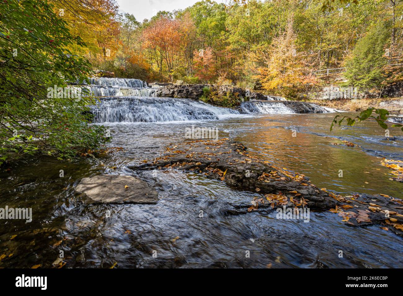 Shohola Falls in the Poconos, PA, looks amazing with beautiful fall foliage and lots of graceful cascades Stock Photo
