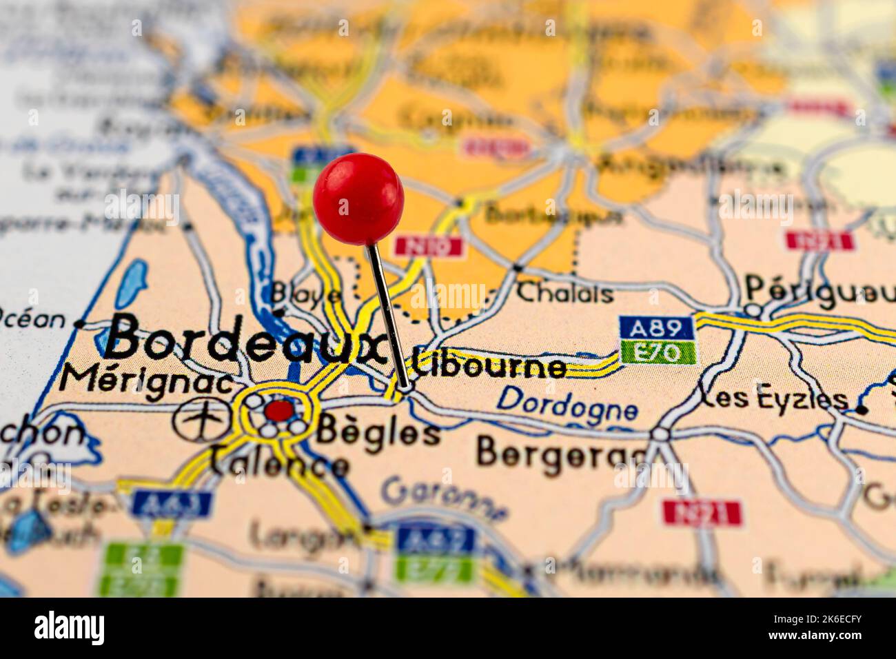 Libourne map. Libourne pin map. Close up of Libourne map with red pin. Map with red pin point of Libourne in France. Stock Photo
