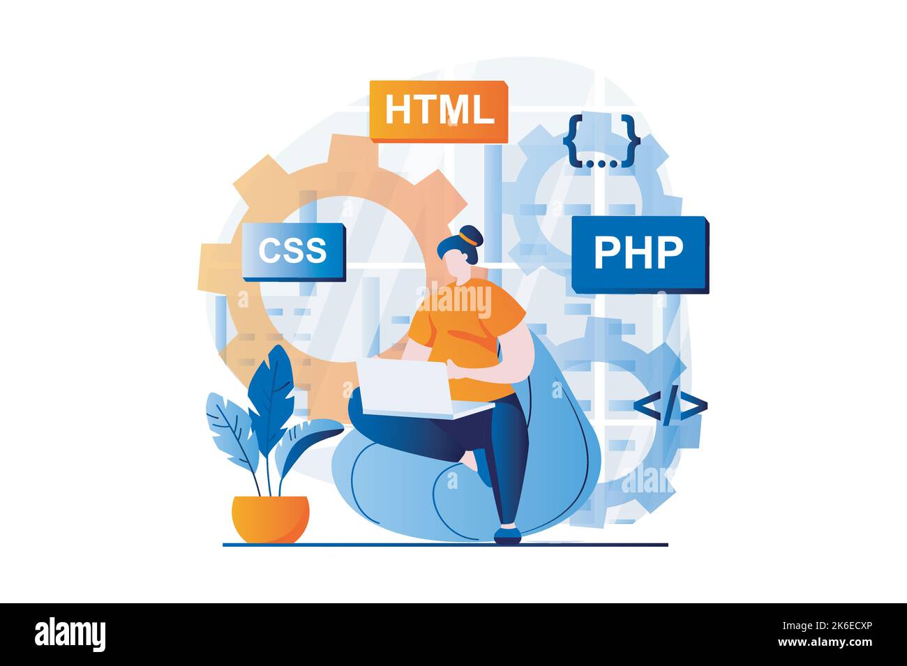 Web development concept with people scene in flat cartoon design. Woman ...