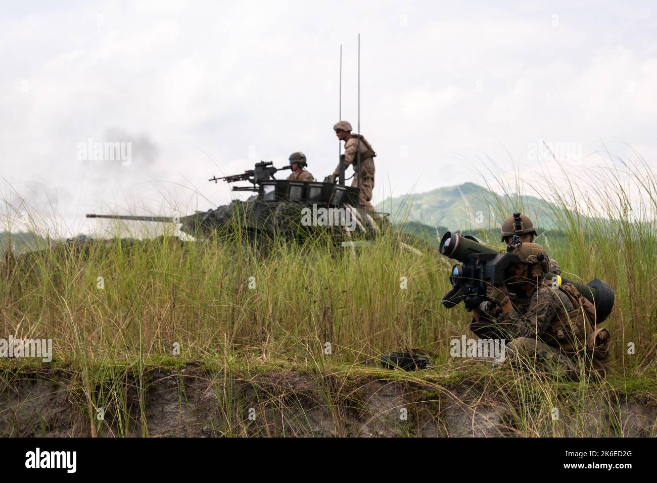 U.S. Marines with Battalion Landing Team 2d Battalion, 5th Marines, 31st Marine Expeditionary Unit, fire a Javelin shoulder-fired anti-tank missile in a combined arms live-fire event during KAMANDAG 6 at Colonel Ernesto Rabina Air Base, Philippines, Oct. 13, 2022. KAMANDAG is an annual bilateral exercise between the Armed Forces of the Philippines and U.S. military designed to strengthen interoperability, capabilities, trust, and cooperation built over decades of shared experiences. (U.S. Marine Corps photo by Cpl. Ujian Gosun) Stock Photo