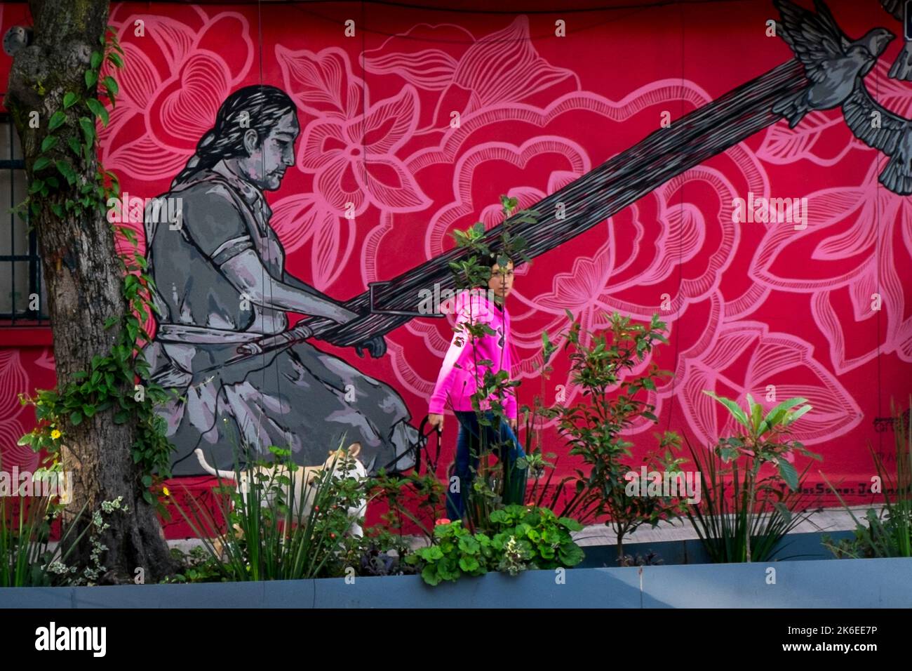 Mexico City, Roma neighborhood, mural of a woman weaving two birds, pedestrian walking a dog Stock Photo