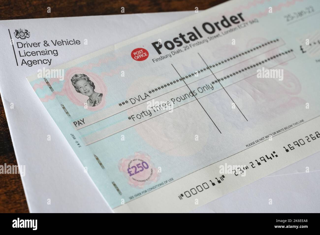 Royal Mail postal order to DVLA Stock Photo