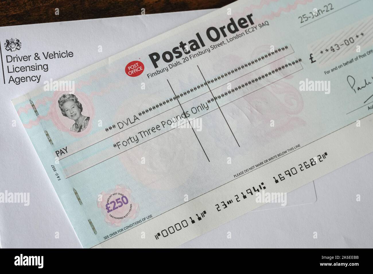 Royal Mail postal order to DVLA Stock Photo