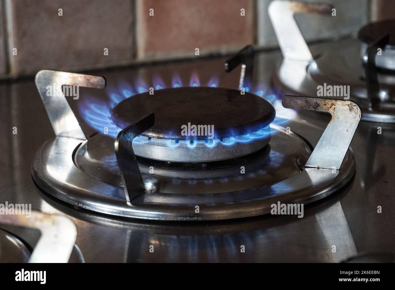Blue gas flames burning on a gas hob burner, kitchen gas cooker Stock