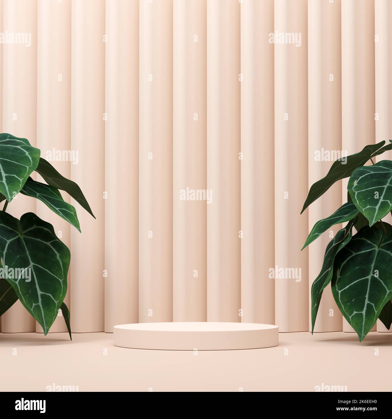 A 3D rendered illustration of an empty podium surrounded by plants ...