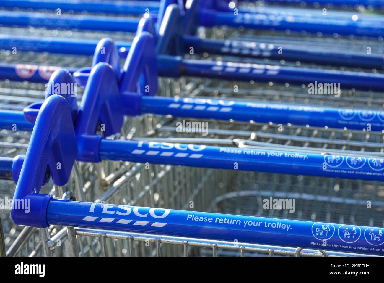 Rows of Tesco trollies lined up outside the supermarket, London, England, United Kingdom, UK Stock Photo