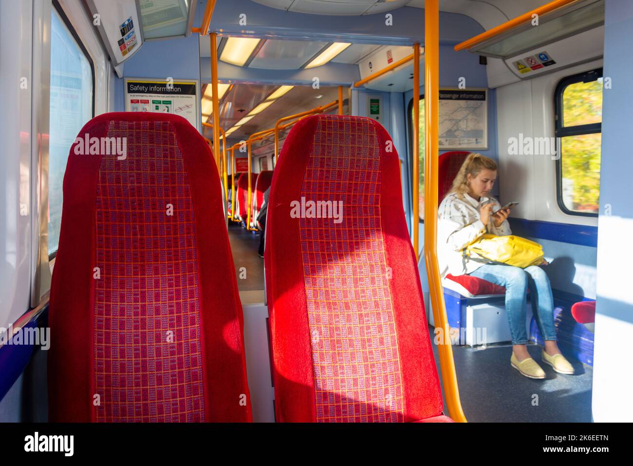 Interior of carriage in South West Train to Waterloo, Greater London, England, United Kingdom Stock Photo