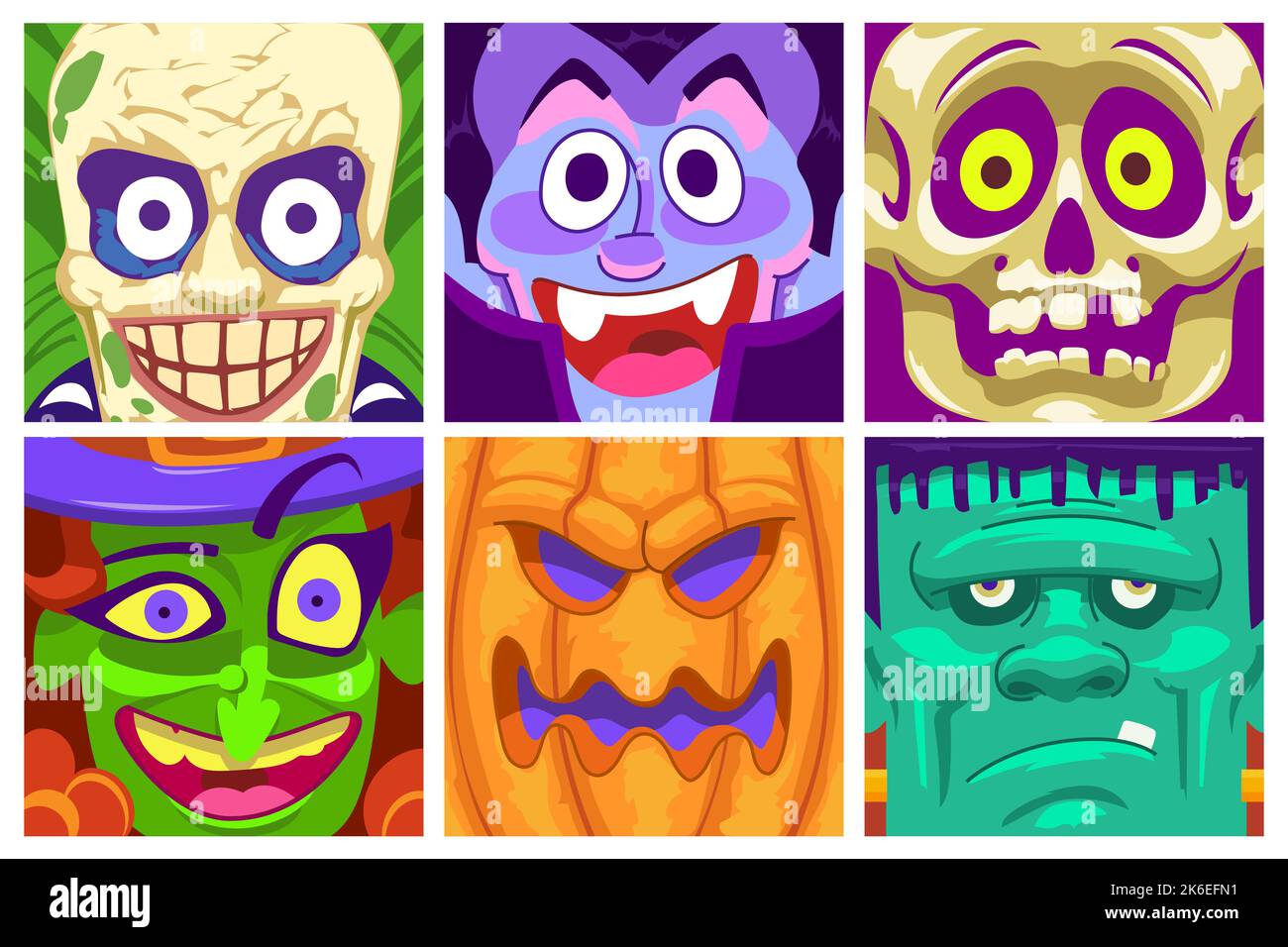 Set of different character Halloween masks in cartoon style for