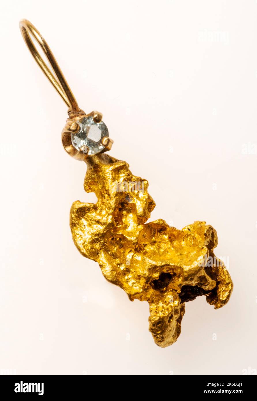 Finished fine gold jewelry;  nugget mined by famous prospector; Brian Busse; American Gemtracker; Colorado; USA Stock Photo