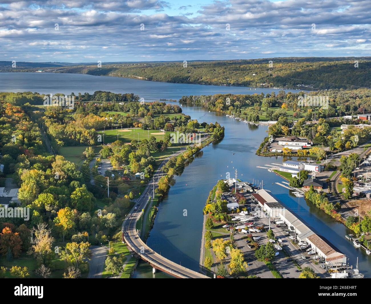 Early afternoon autumn aerial photo view of  Ithaca New York. Stock Photo