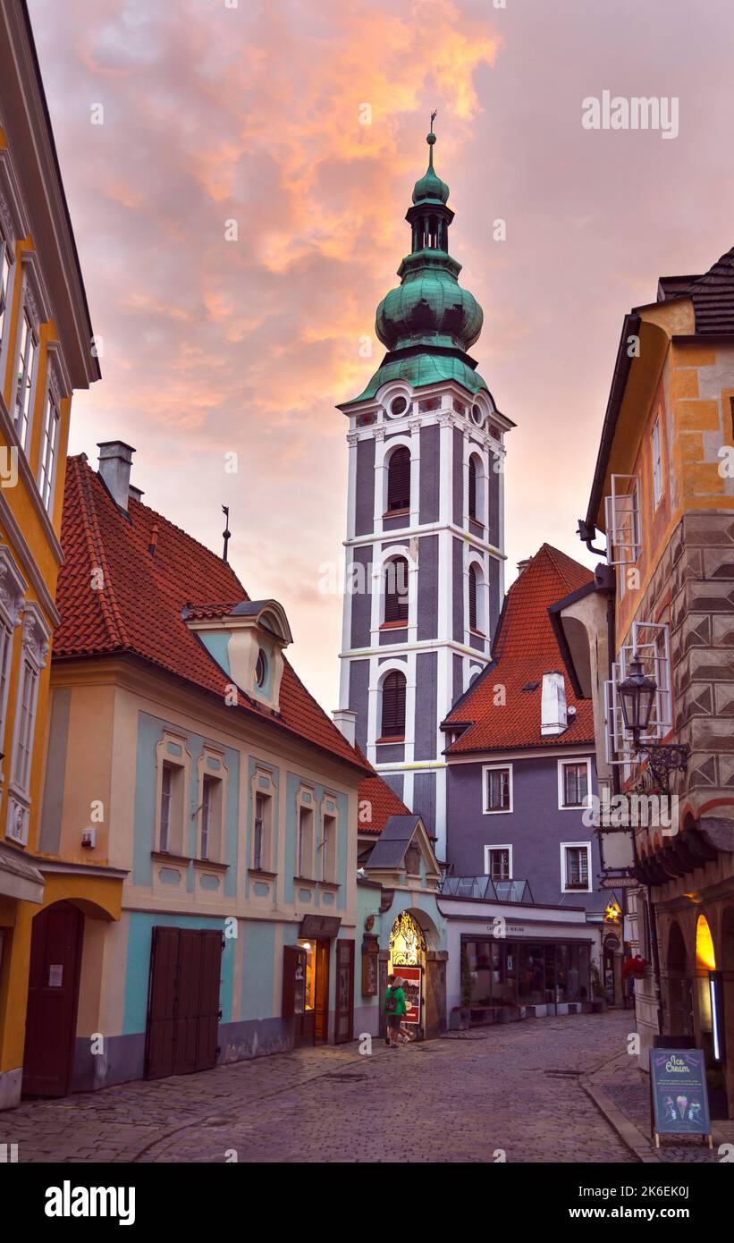 St. Vitus Church with a latran street and old late-fothic and renaissance town houses in Cesky Krumlov, Czech Republic. Stock Photo