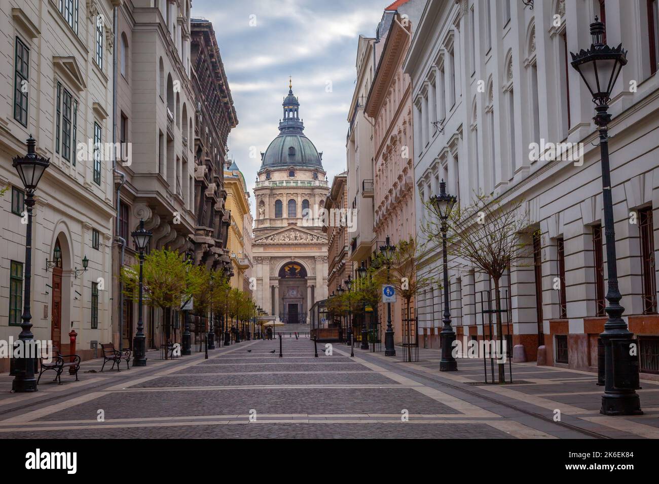 Zrinyi utca street and Saint Stephens Basilica in central Budapest, Hungary Stock Photo