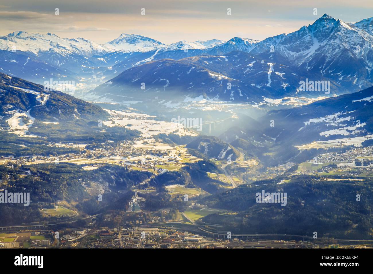 Snowcapped mountain range of brenner pass, Idyllic Tyrol in Innsbruck, Austria Stock Photo