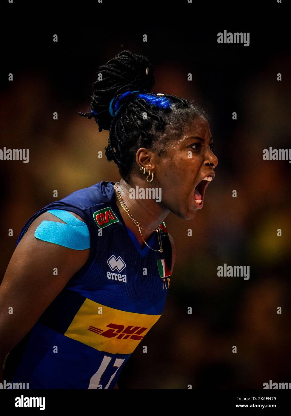 APELDOORN, NETHERLANDS - OCTOBER 13: Miryam Fatime Sylla of Italy reacts during the Semi Final match between Italy and Brazil on Day 19 of the FIVB Volleyball Womens World Championship 2022 at the Omnisport Apeldoorn on October 13, 2022 in Apeldoorn, Netherlands (Photo by Rene Nijhuis/Orange Pictures) Stock Photo