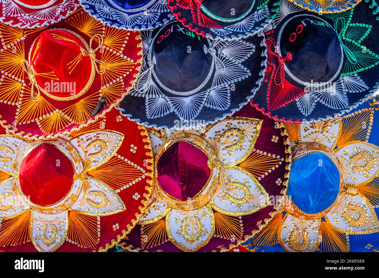 Colorful Mexican Hats souvenirs in a row, Sombreros in Cancun, Mexico