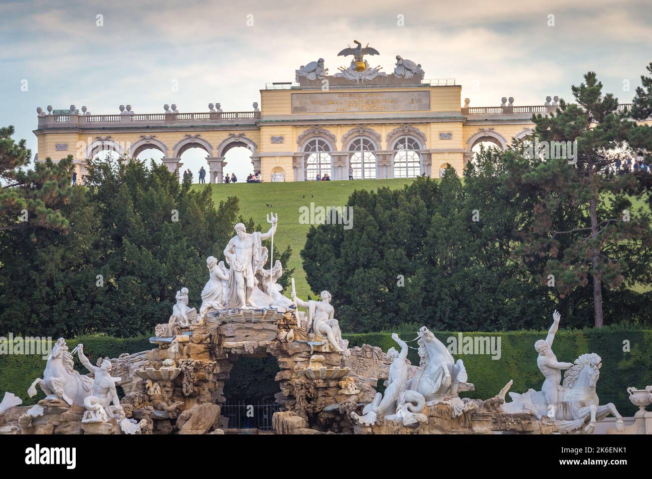 Gloriette pavilion and Neptune fountain in Schonbrunn park, Vienna