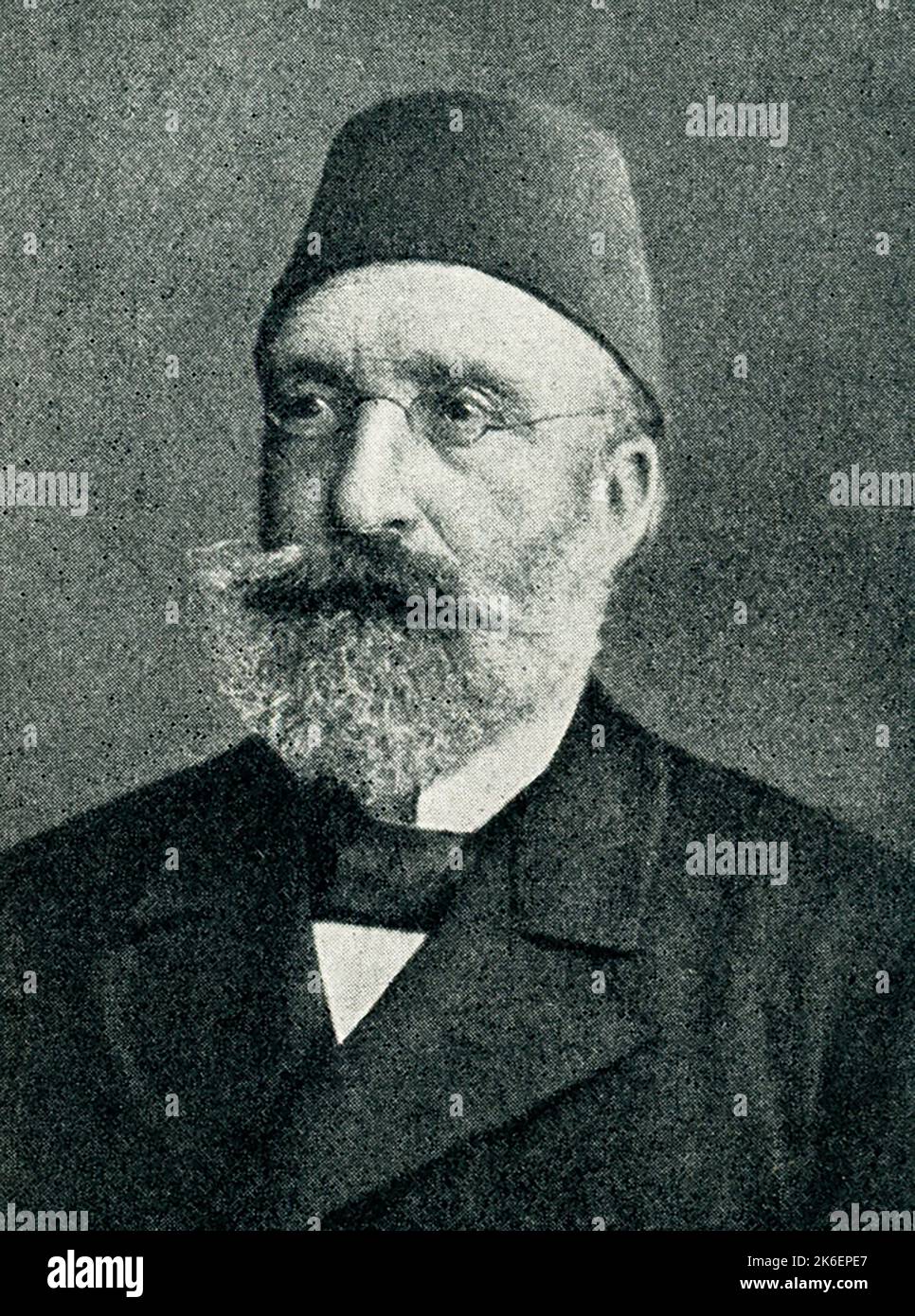 The caption for this 1910 image reads: “Midhat Pasha, from a photograph.” Pasha is also spelled Paşa. Midhat Pasha(1822-1883)  was twice Ottoman grand vizier. He was known for his honest ability, his administrative reforms, and his initiation of the first constitution of the Ottoman Empire (1876). Stock Photo