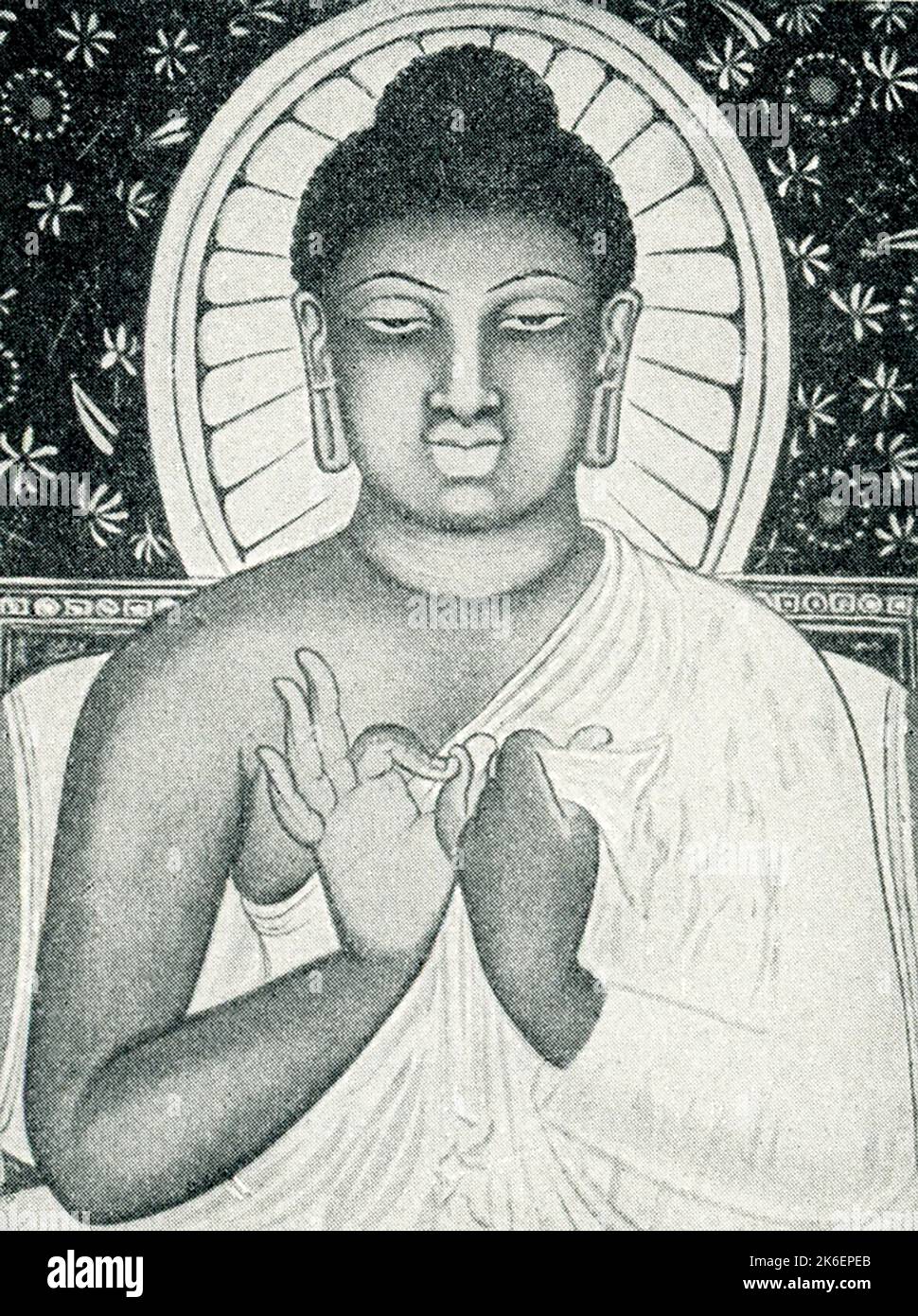 The 1910 caption for this image reads: 'Buddha. A wall painting from a cave temple in Ajanta.' The Ajanta Caves constitute ancient monasteries and worship-halls of different Buddhist traditions carved into a 246 ft wall of rock. The caves also present paintings depicting the past lives and rebirths of the Buddha, pictorial tales from Aryasura's Jatakamala, and rock-cut sculptures of Buddhist deities. The caves were developed in the period between 200 B.C. to 650 A.D. Stock Photo
