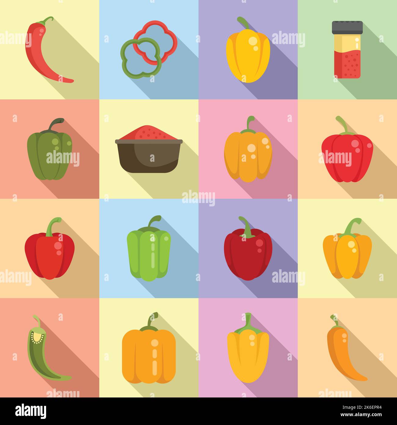 Paprica icons set flat vector. Capsicum bell. Chilli vegetable Stock Vector