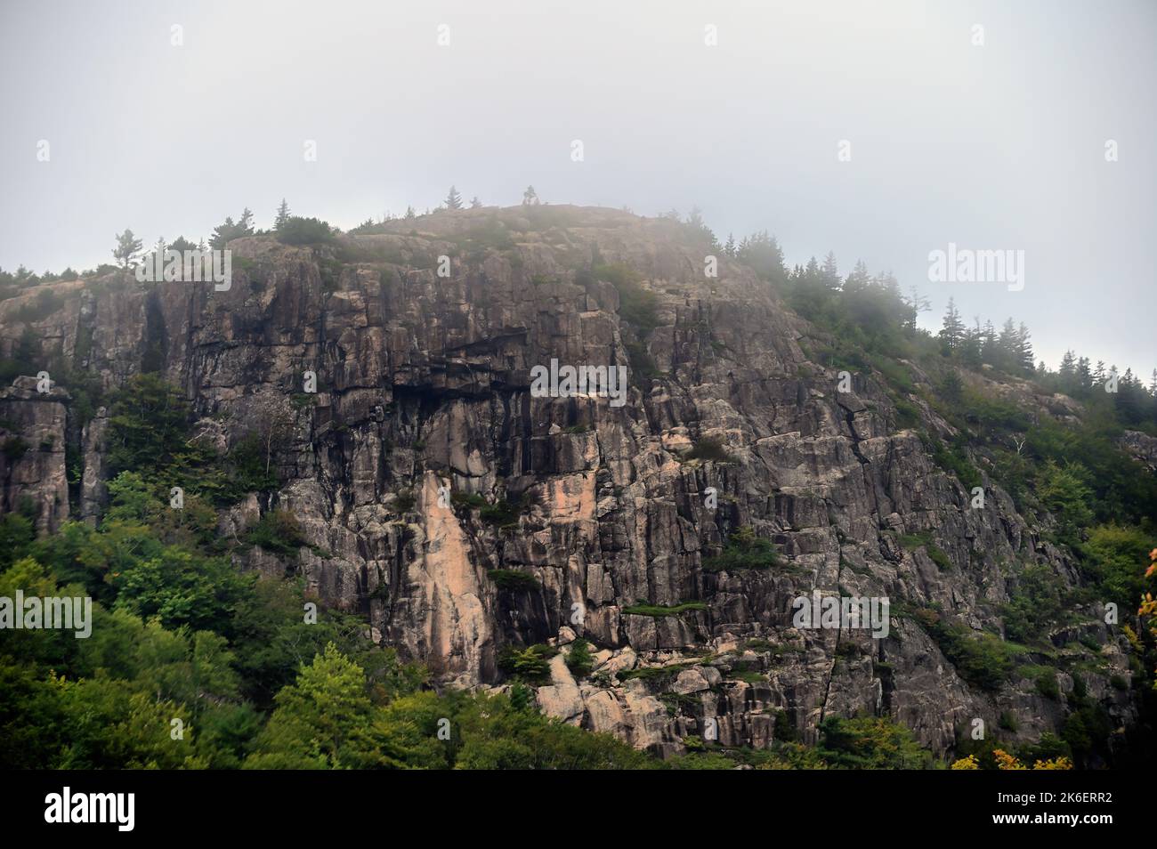 Acadia National Park, Maine, USA. Lingering fog touches the top of a granite dome one of the features that define Acadia National Park. Stock Photo
