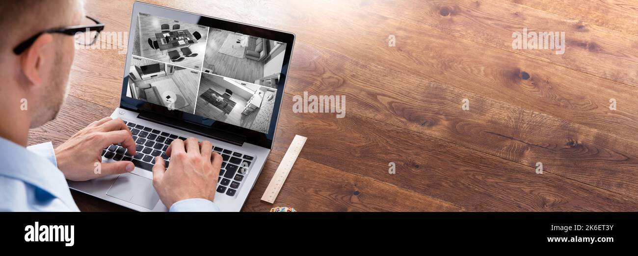 Surveillance Camera Video Footage On Laptop. Security Screen Stock