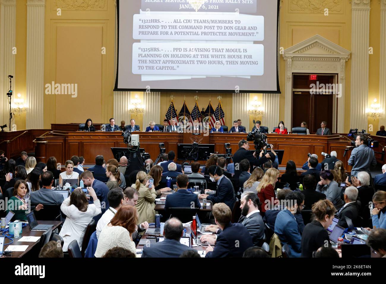 The United States House Select Committee to Investigate the January 6 Attack on the U.S. Capitol displays U.S. Secret Service messages indicating former President Donald Trump's intention to march to the U.S. Capitol with protestors on January 6, 2021 during a video shown during the committee's public hearing on Capitol Hill in Washington, U.S., October 13, 2022. Credit: Jonathan Ernst/Pool via CNP /MediaPunch Stock Photo