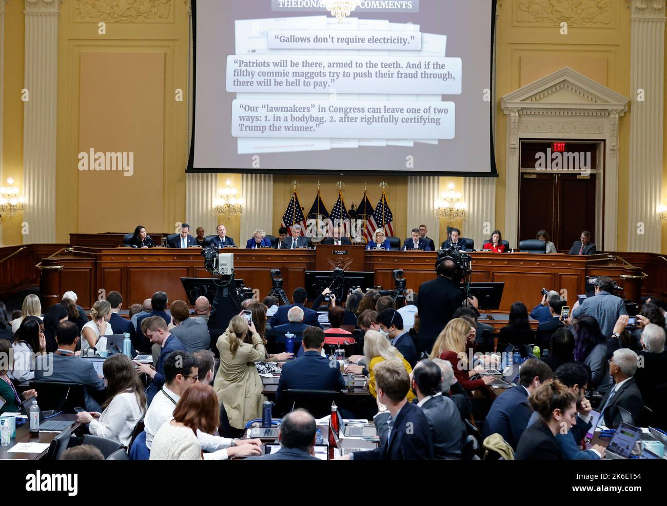 The United States House Select Committee to Investigate the January 6 Attack on the U.S. Capitol displays threatening messages posted by former President Donald Trump's supporters before January 6, 2021 on TheDonald.Win internet forum during the committee's public hearing on Capitol Hill in Washington, U.S., October 13, 2022. Credit: Jonathan Ernst/Pool via CNP /MediaPunch Stock Photo