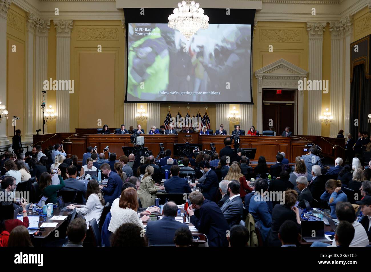 United States Capitol police officers are seen battling with rioters and expressing a need for more police munitions on January 6, 2021, in a video shown by the U.S. House Select Committee to Investigate the January 6 Attack on the U.S. Capitol during the committee's public hearing on Capitol Hill in Washington, U.S., October 13, 2022. Credit: Jonathan Ernst/Pool via CNP /MediaPunch Stock Photo
