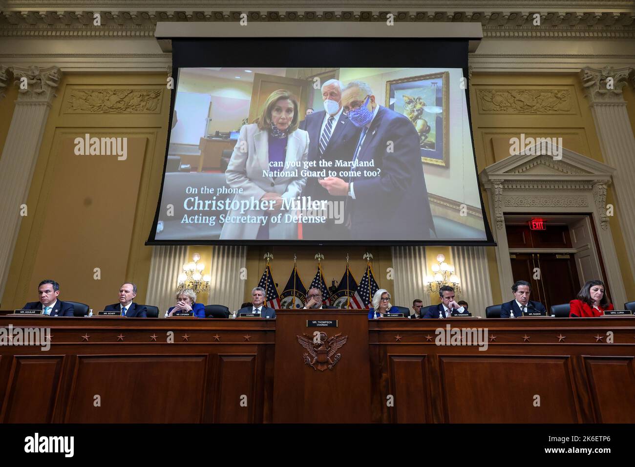 WASHINGTON, DC - OCTOBER 13: A video of Speaker of the United States House of Representatives Nancy Pelosi (Democrat of California), US Senate Majority Leader Chuck Schumer (Democrat of New York), and US House Majority Leader Steny Hoyer (Democrat of Maryland) is played during a hearing by the House Select Committee to Investigate the January 6th Attack on the U.S. Capitol in the Cannon House Office Building on October 13, 2022 in Washington, DC. The bipartisan committee, in possibly its final hearing, has been gathering evidence for almost a year related to the January 6 attack at the U.S. C Stock Photo