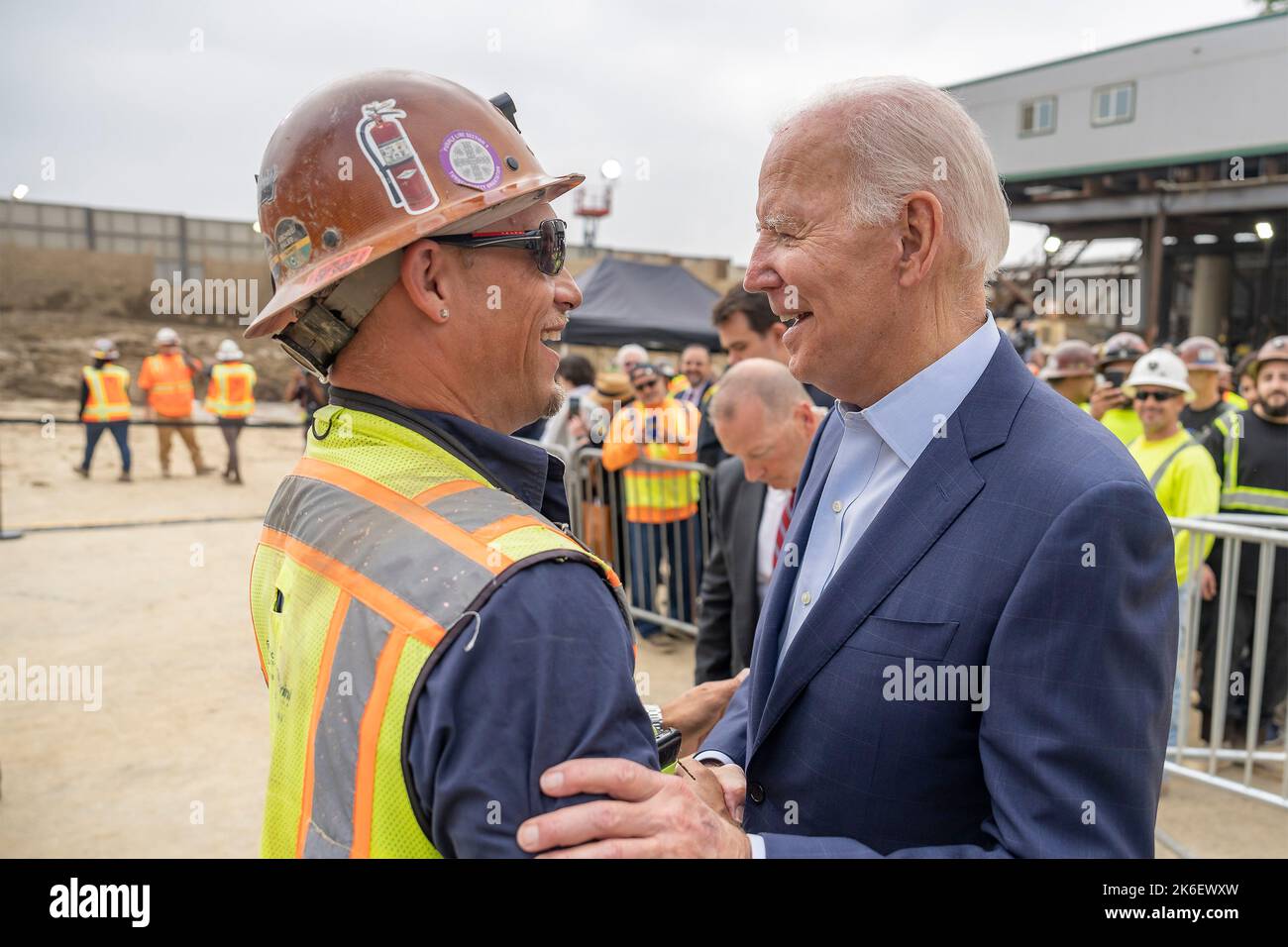 Los Angeles, United States. 13th Oct, 2022. U.S. President Joe Biden, greets a union worker at the Los Angeles Metro, D Line Extension Transit Project, October 13, 2022, in Los Angeles, California. Credit: Adam Schultz/White House Photo/Alamy Live News Stock Photo