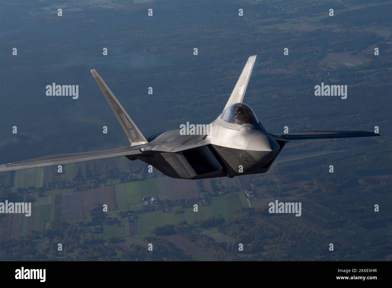 Lask, Poland. 12th Oct, 2022. A U.S. Air Force F-22 Raptor fighter aircraft assigned to the 90th Expeditionary Fighter Squadron climbs out during the NATO Air Shielding over Poland October 12, 2022 near Lask, Poland. Credit: SSgt Danielle Sukhlall/U.S Air Force/Alamy Live News Stock Photo