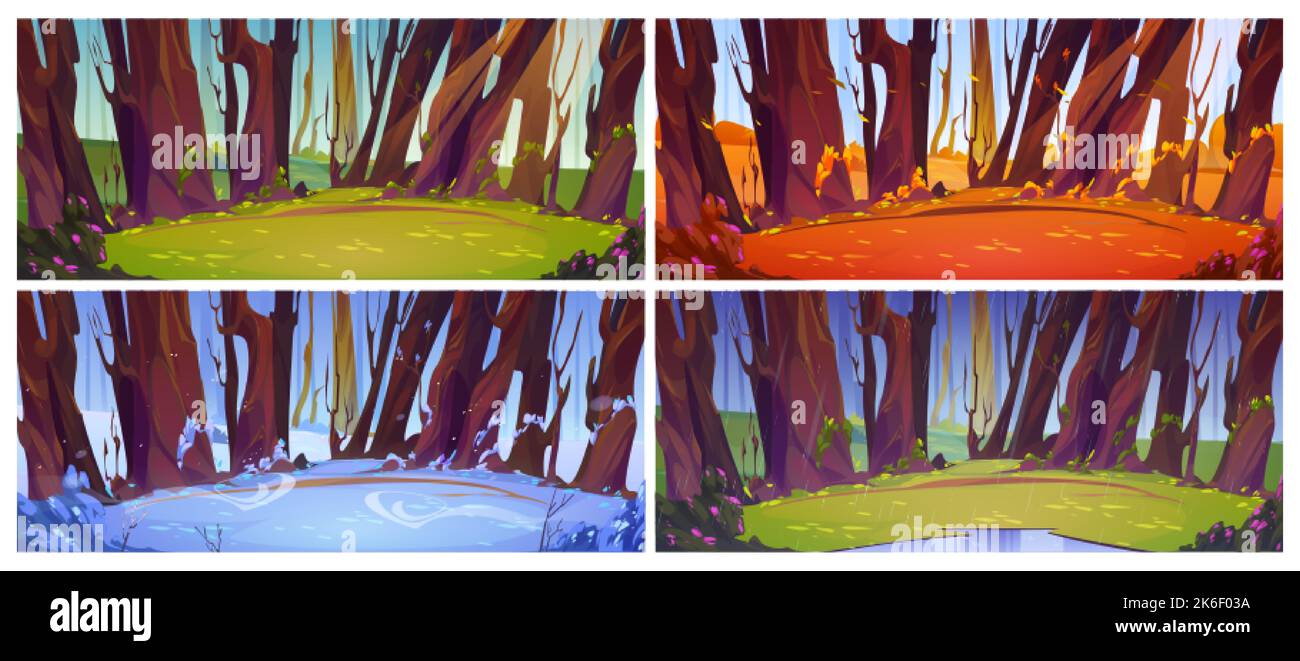 Four season vector illustration set of forest glade changing during ...