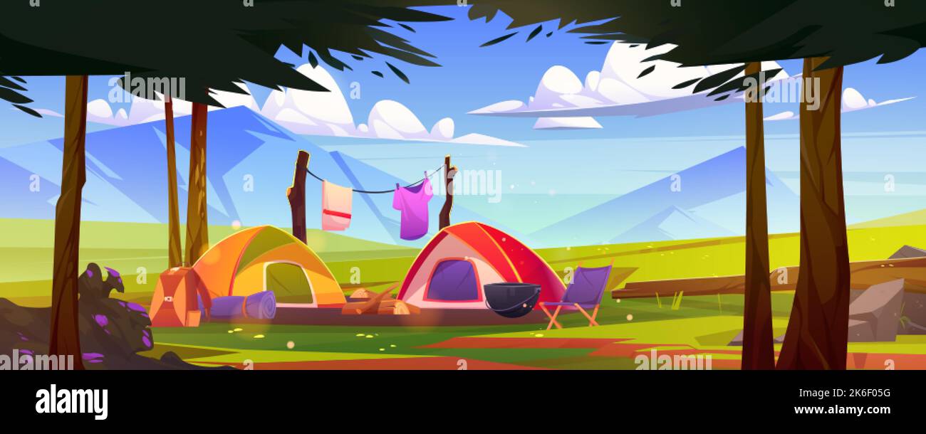 Tourist camp at nature landscape with trees and mountains. Camping