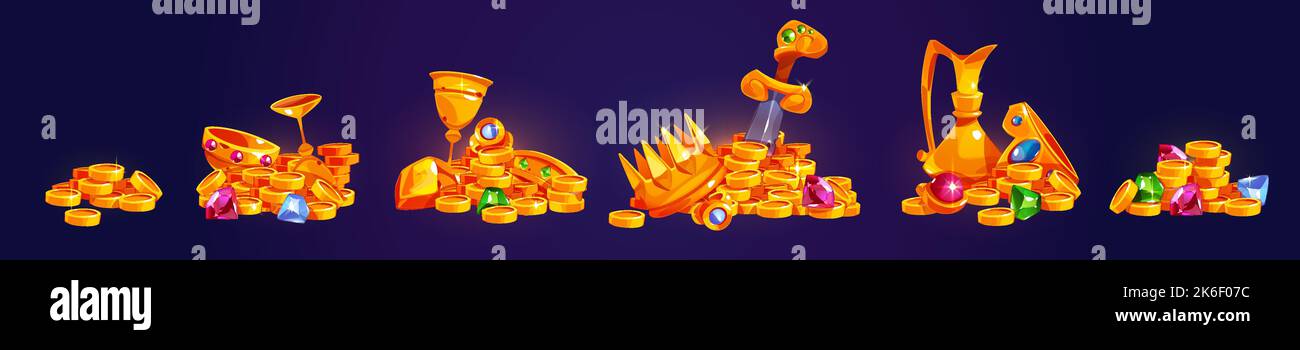Pirate treasure icons with gold coins heaps with sword, gems and crown ...