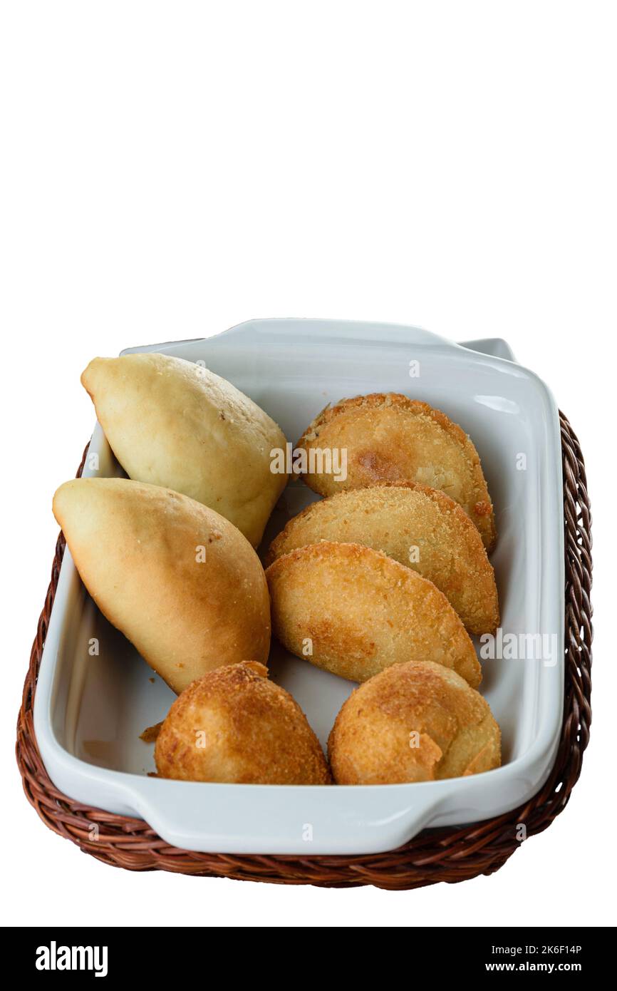 Fried and roasted Brazilian savorys. They are served at parties (white ...