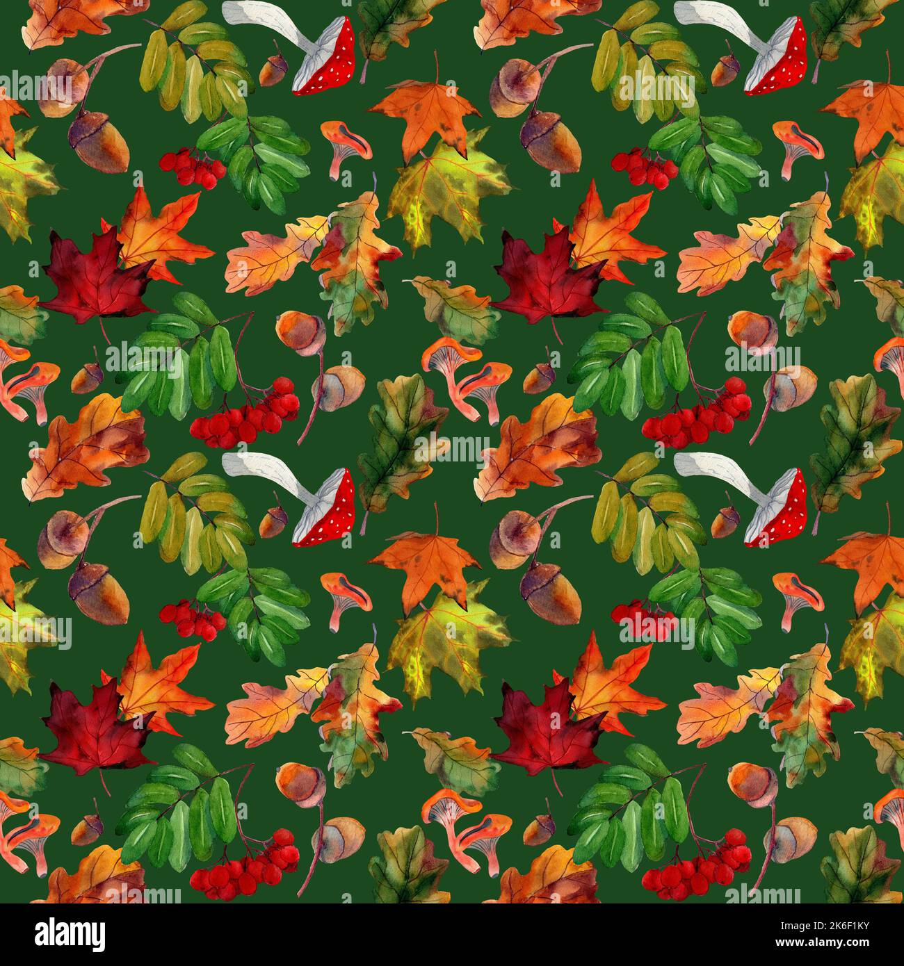 Watercolor hand drawn seamless pattern with autumn red rowan, yellow ...