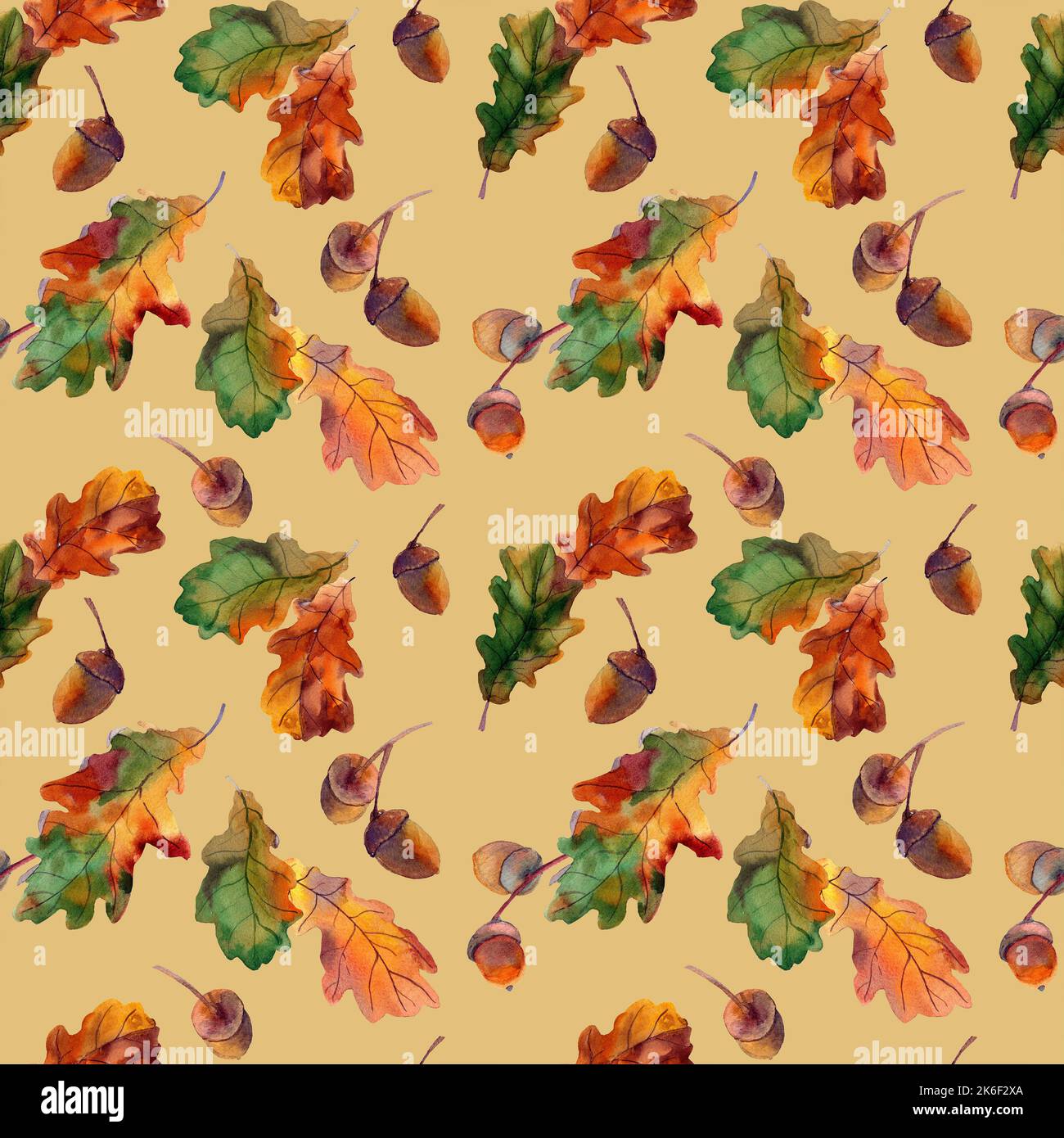 Watercolor seamless pattern with autumn green and yellow oak foliage on ...