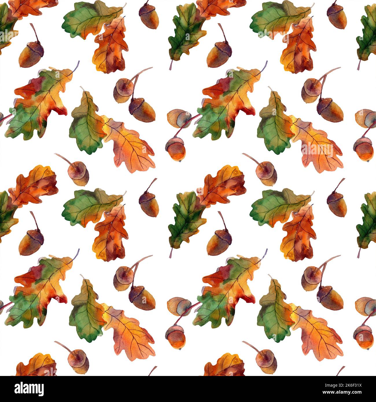 Watercolor seamless pattern with autumn green and yellow oak foliage on ...