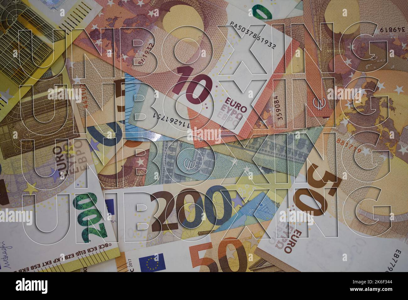 Unboxing Word With Money Paper Currency Background With Different