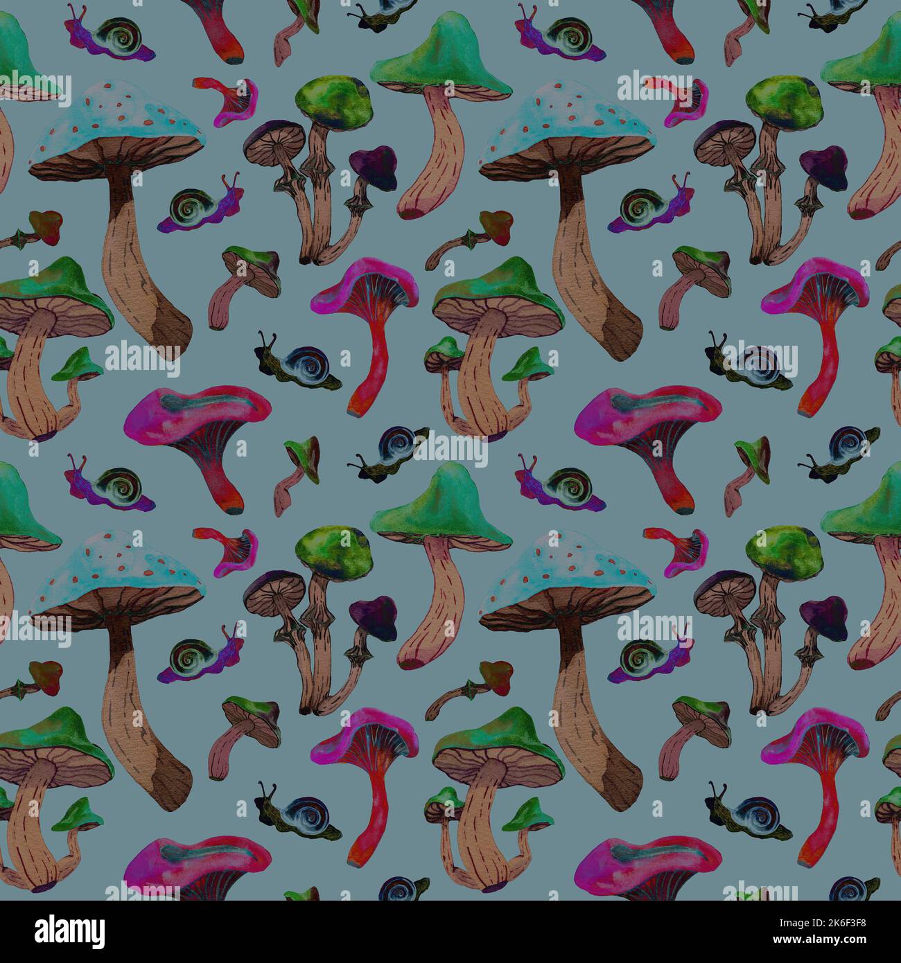 Seamless pattern of psychedelic mushrooms. Russula, fly agaric
