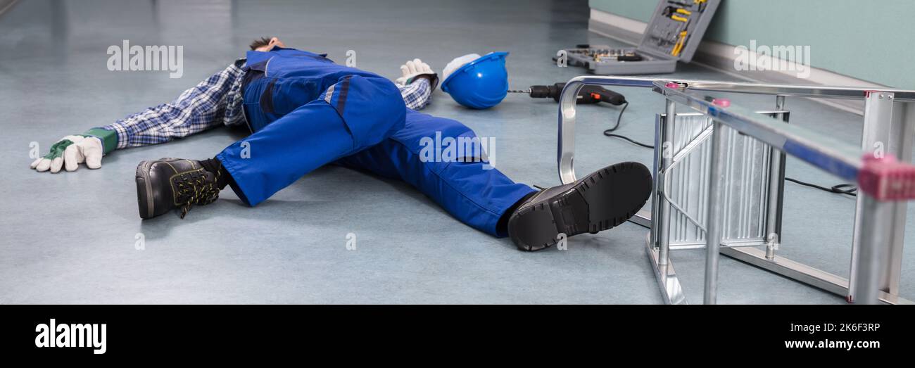 Unconscious Worker Falling Ladder. Employee Fall Down Stock Photo