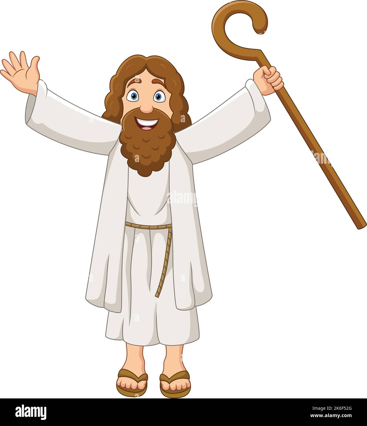 Cartoon Moses holding wooden staff with open arms Stock Vector