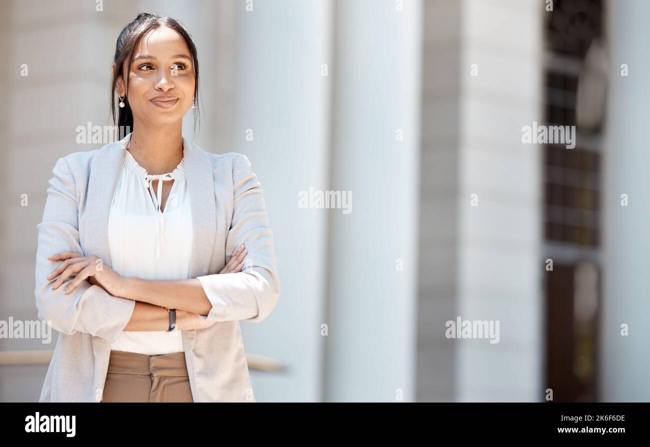 Thinking, proud and leadership business woman for company idea, success mindset and motivation. Corporate manager, ceo or executive boss happy with Stock Photo