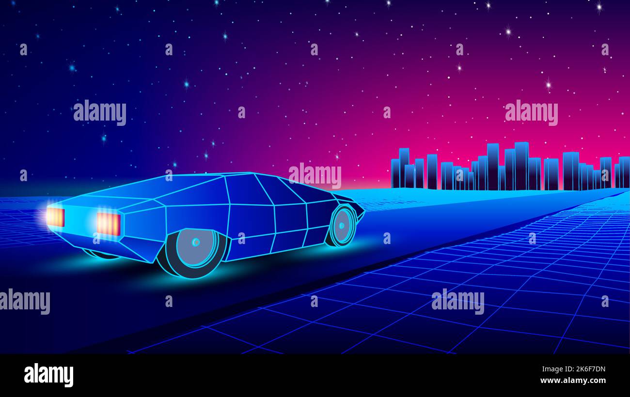 Neon car in 80s synthwave style racing to the city. Retrowave auto