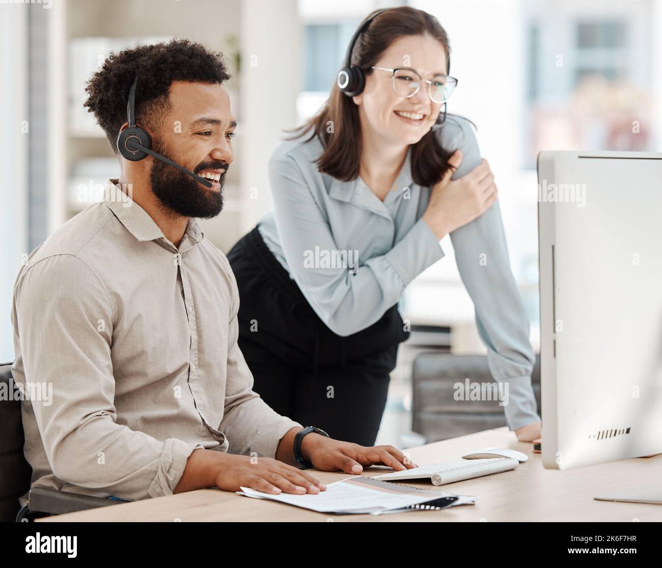 Diversity, call center and leader training agent or sales employee at