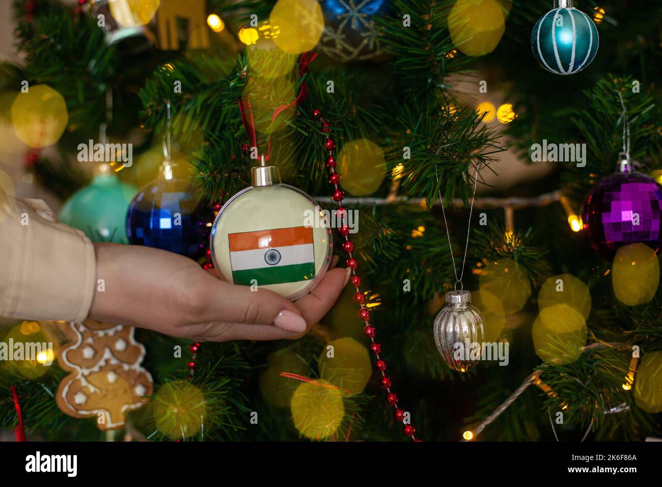 a girl holds a decoration on a fir tree with the flag of India Stock Photo