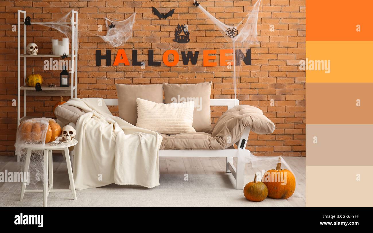 Interior of living room decorated for Halloween. Different color ...