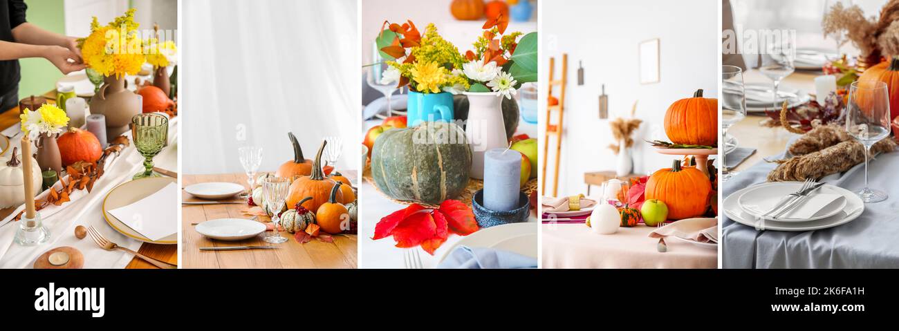 Colorful Collage Table Collage with beautiful table setting for Thanksgiving Day Stock Photo ...